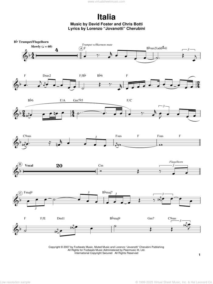 Italia sheet music for trumpet solo (transcription) by Chris Botti, David Foster and Lorenzo 'Jovanotti' Cherubini, intermediate trumpet (transcription)