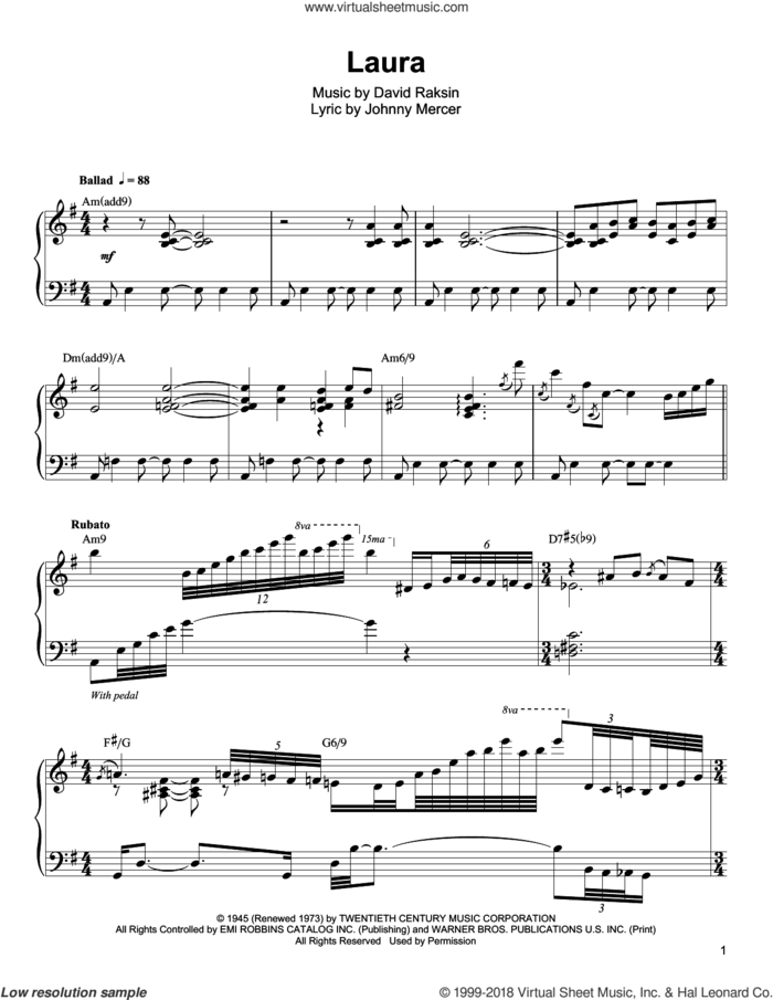 Laura sheet music for piano solo (transcription) by Oscar Peterson, David Raksin and Johnny Mercer, intermediate piano (transcription)