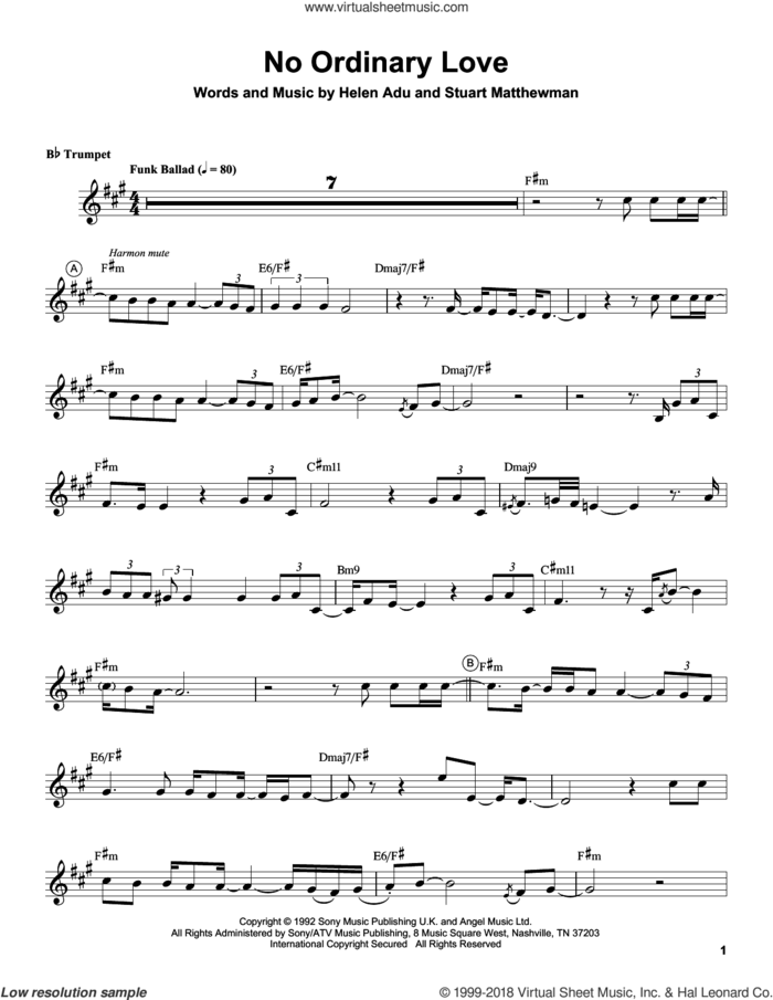 No Ordinary Love sheet music for trumpet solo (transcription) by Chris Botti, Helen Adu and Stuart Matthewman, intermediate trumpet (transcription)