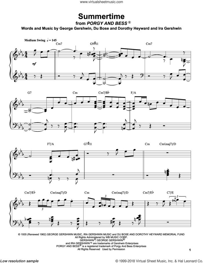 Summertime sheet music for piano solo (transcription) by Oscar Peterson, Dorothy Heyward, DuBose Heyward, George Gershwin and Ira Gershwin, intermediate piano (transcription)