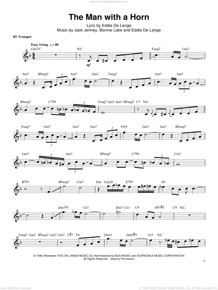The Man With The Horn sheet music for trumpet solo (transcription) by Arturo Sandoval, Bonnie Lake, Eddie DeLange and Jack Jenney, intermediate trumpet (transcription)