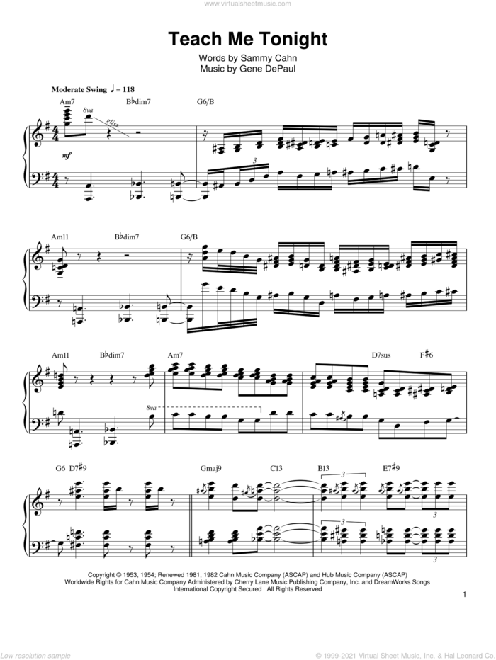 Teach Me Tonight sheet music for piano solo (transcription) by Oscar Peterson, Gene DePaul and Sammy Cahn, intermediate piano (transcription)