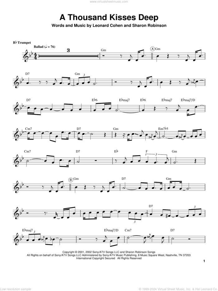 A Thousand Kisses Deep sheet music for trumpet solo (transcription) by Chris Botti, Leonard Cohen and Sharon Robinson, intermediate trumpet (transcription)