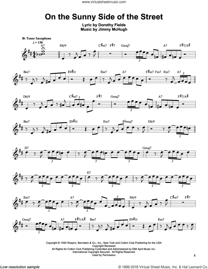 On The Sunny Side Of The Street sheet music for tenor saxophone solo (transcription) by Sonny Stitt, Dorothy Fields and Jimmy McHugh, intermediate tenor saxophone (transcription)