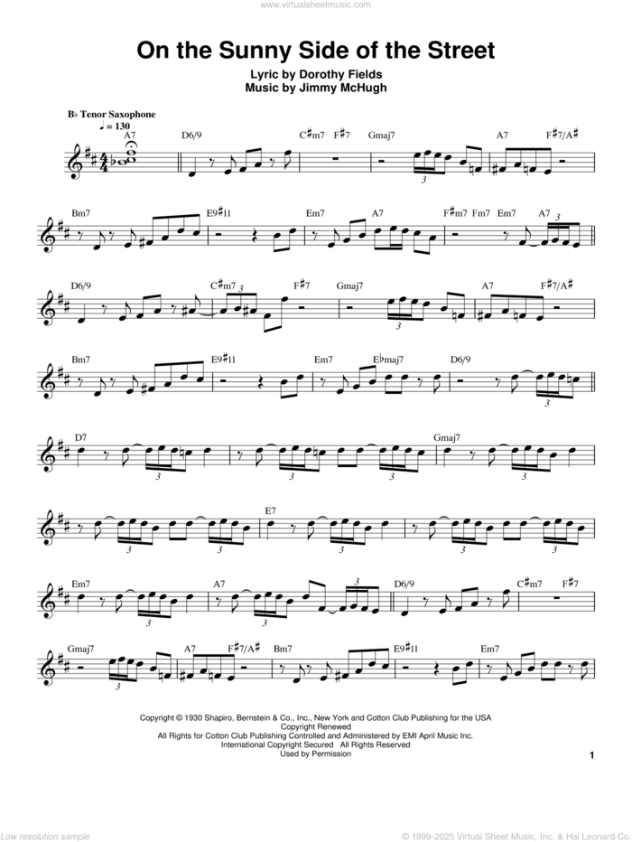 On The Sunny Side Of The Street sheet music for tenor saxophone solo (transcription) by Sonny Stitt, Dorothy Fields and Jimmy McHugh, intermediate tenor saxophone (transcription)