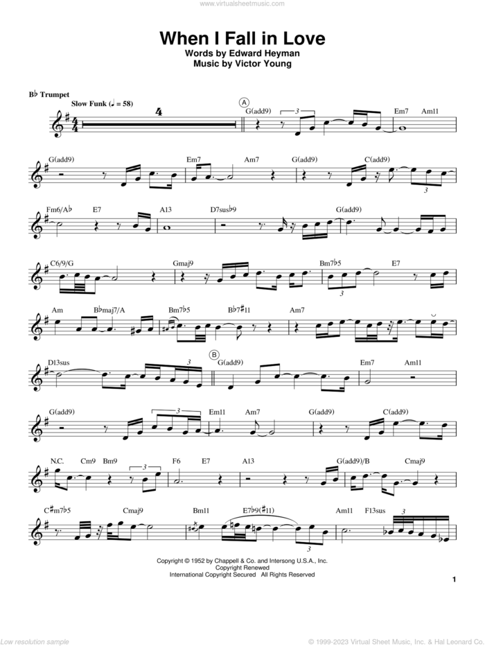 When I Fall In Love sheet music for trumpet solo (transcription) by Chris Botti, Edward Heyman and Victor Young, intermediate trumpet (transcription)