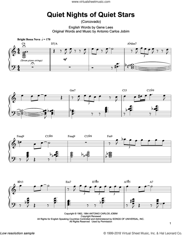 Quiet Nights Of Quiet Stars (Corcovado) sheet music for piano solo (transcription) by Oscar Peterson, Antonio Carlos Jobim and Eugene John Lees, intermediate piano (transcription)