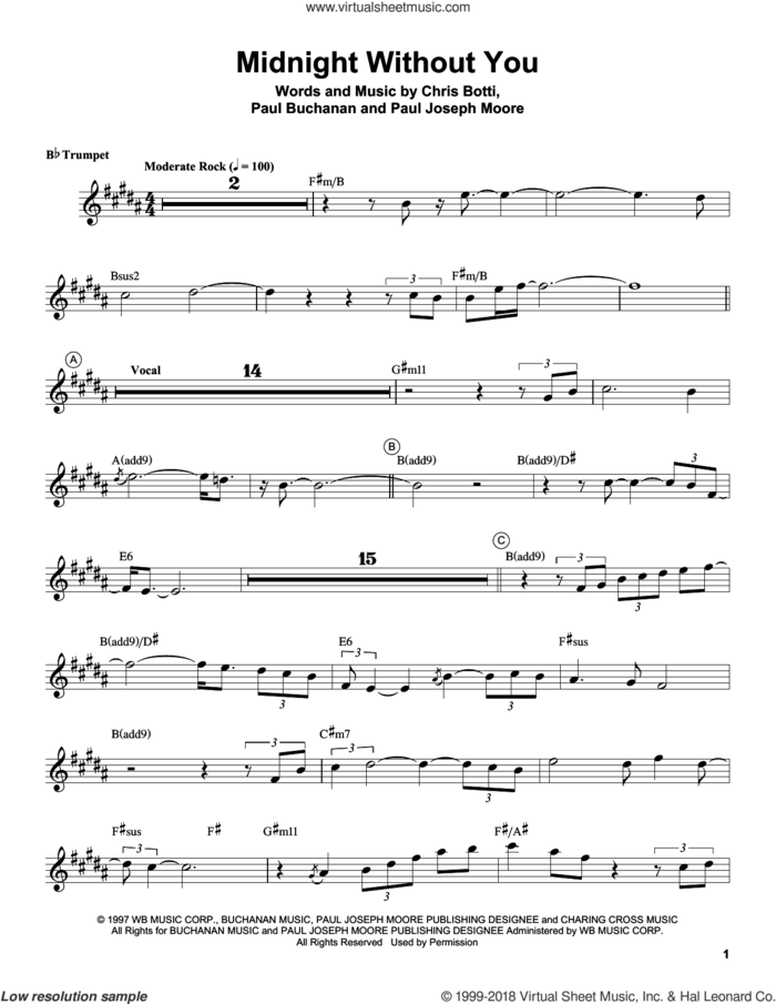 Midnight Without You sheet music for trumpet solo (transcription) by Chris Botti, Paul Buchanan and Paul Joseph Moore, intermediate trumpet (transcription)