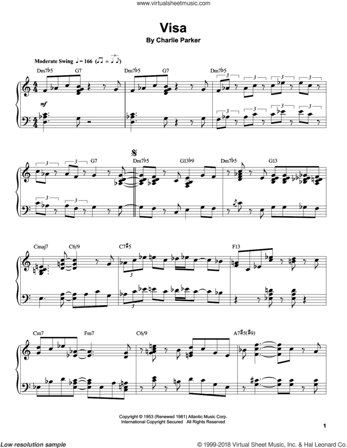 Visa sheet music for piano solo (transcription) by Charlie Parker, intermediate piano (transcription)