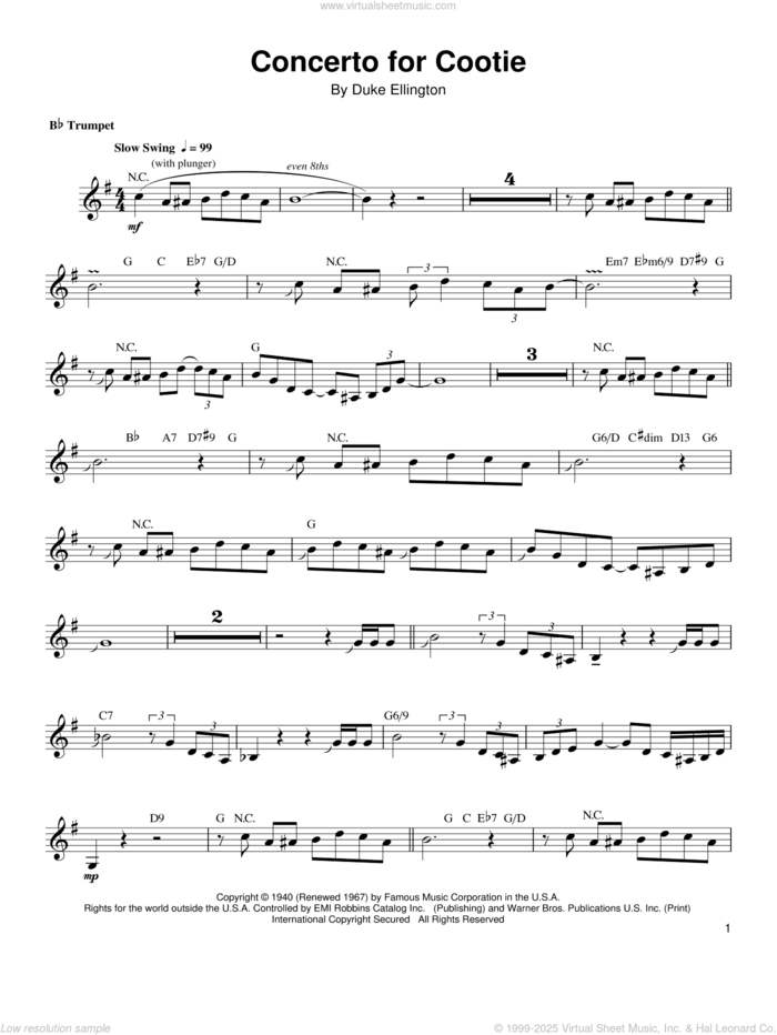 Concerto For Cootie sheet music for trumpet solo (transcription) by Arturo Sandoval and Duke Ellington, intermediate trumpet (transcription)