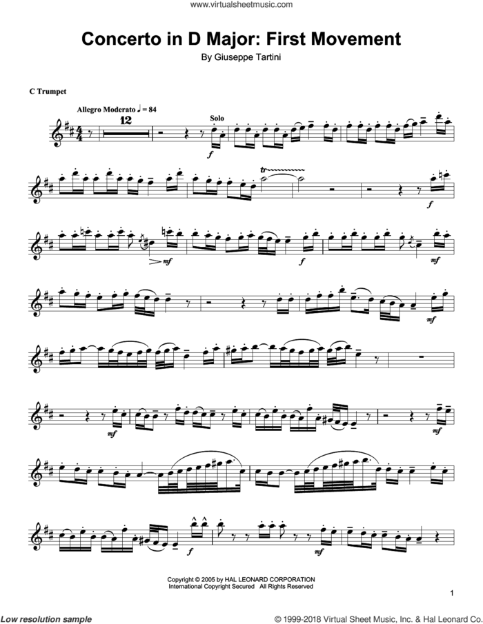 Concerto In D Major: First Movement sheet music for trumpet solo (transcription) by Arturo Sandoval and Giuseppe Tartini, intermediate trumpet (transcription)