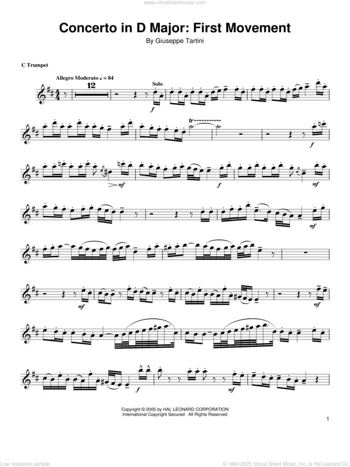 Concerto In D Major: First Movement sheet music for trumpet solo (transcription) by Arturo Sandoval and Giuseppe Tartini, intermediate trumpet (transcription)