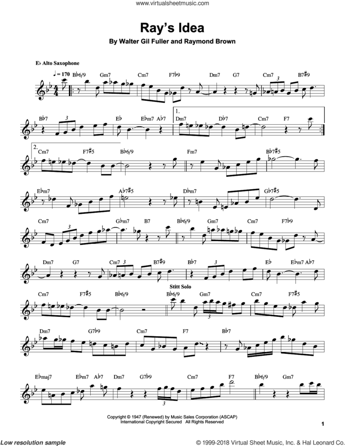 Ray's Idea sheet music for tenor saxophone solo (transcription) by Sonny Stitt, Raymond Brown and Walter Gil Fuller, intermediate tenor saxophone (transcription)