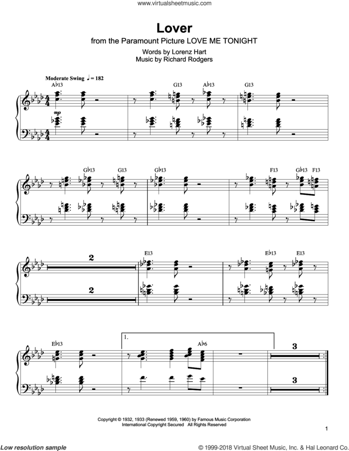 Lover sheet music for piano solo (transcription) by Oscar Peterson, Lorenz Hart and Richard Rodgers, intermediate piano (transcription)