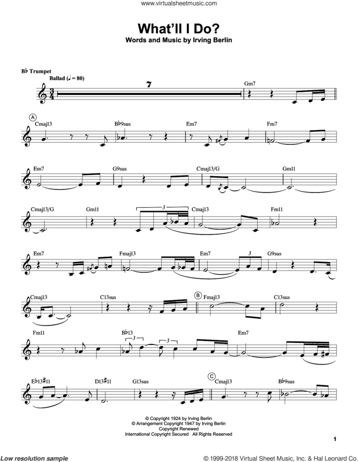 What'll I Do? sheet music for trumpet solo (transcription) by Chris Botti and Irving Berlin, intermediate trumpet (transcription)