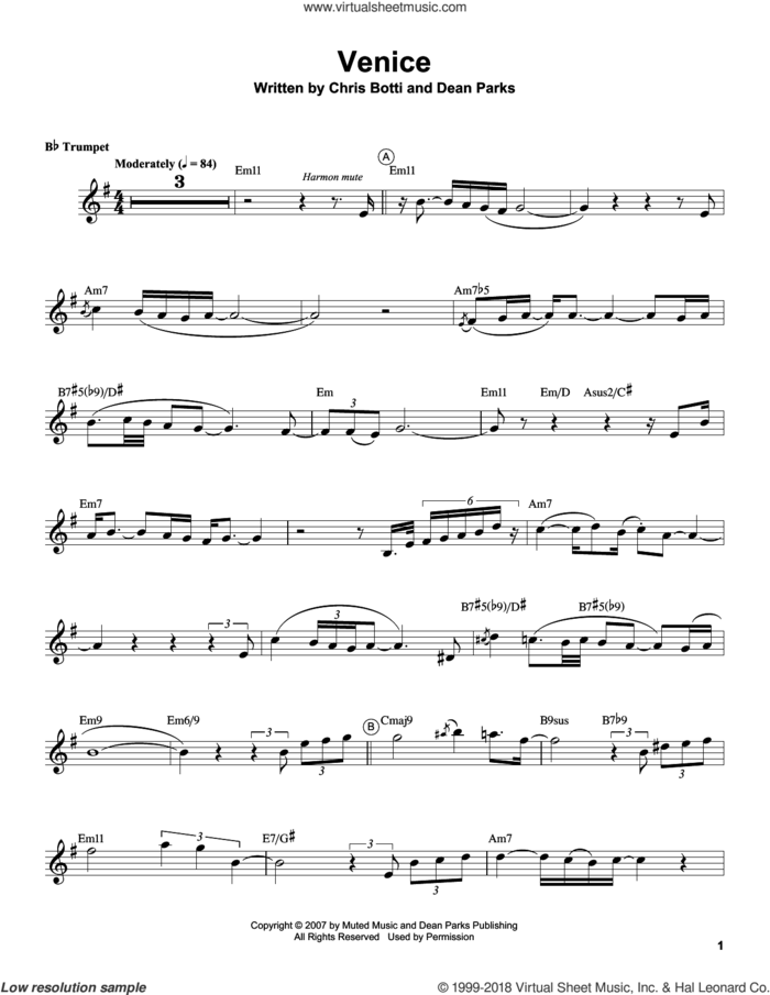 Venice sheet music for trumpet solo (transcription) by Chris Botti and Dean Parks, intermediate trumpet (transcription)