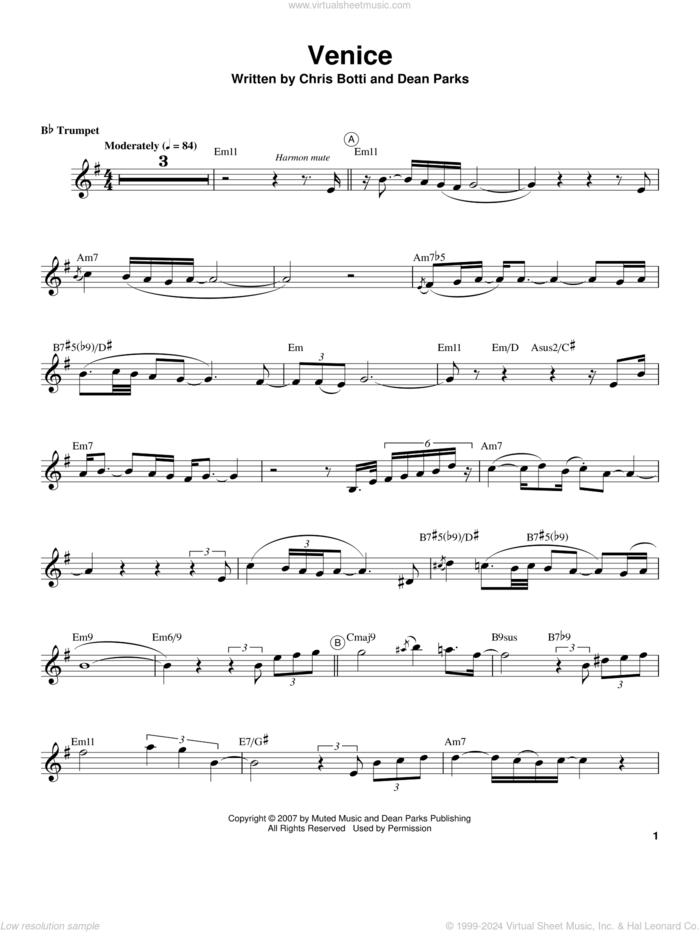 Venice sheet music for trumpet solo (transcription) by Chris Botti and Dean Parks, intermediate trumpet (transcription)