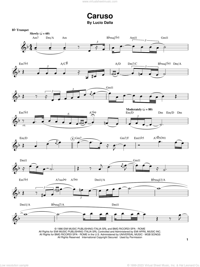 Caruso sheet music for trumpet solo (transcription) by Chris Botti and Lucio Dalla, intermediate trumpet (transcription)