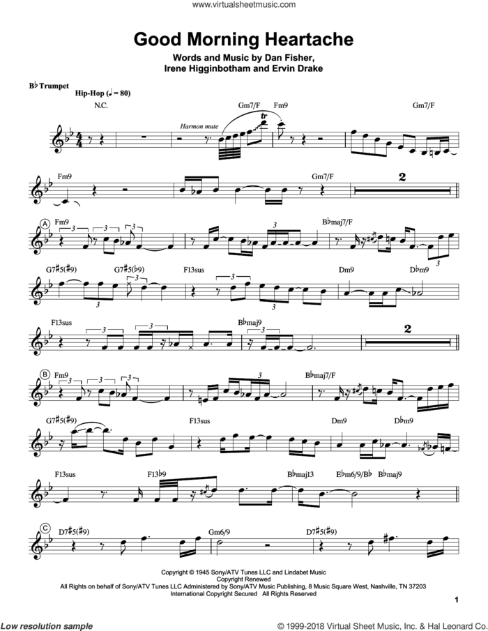 Good Morning Heartache sheet music for trumpet solo (transcription) by Chris Botti, Billie Holiday, Diana Ross, Dan Fisher, Ervin Drake and Irene Higginbotham, intermediate trumpet (transcription)