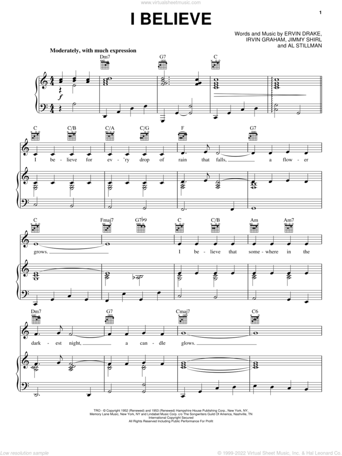 I Believe sheet music for voice, piano or guitar by Elvis Presley, Ervin Drake, Irvin Graham and Jimmy Shirl, intermediate skill level
