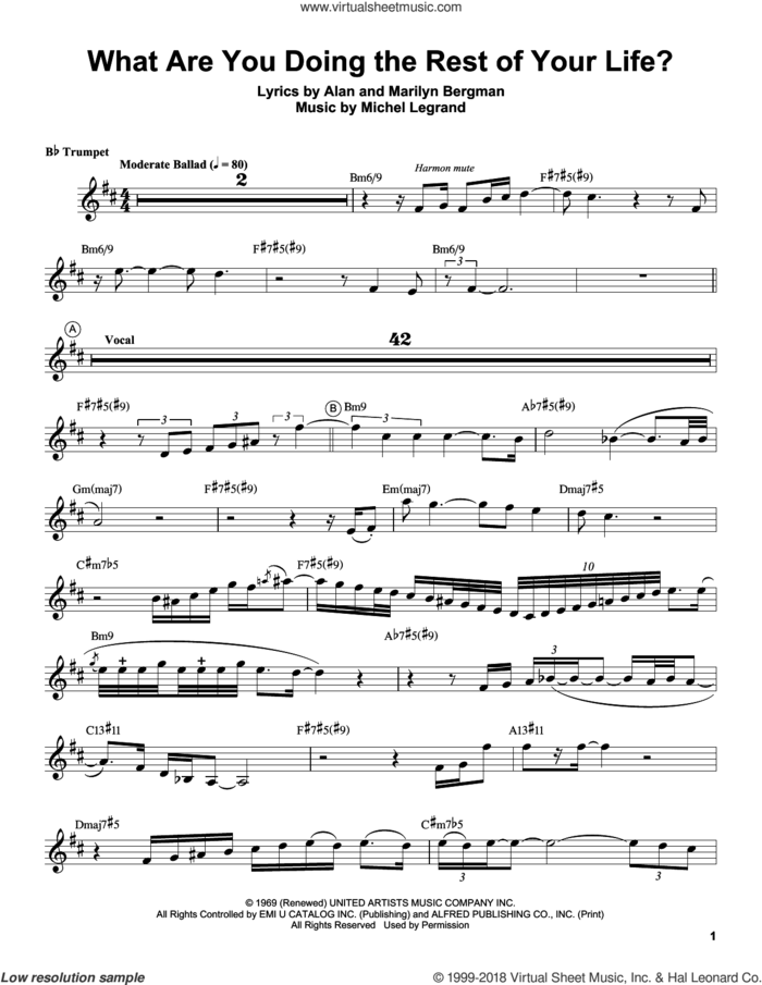 What Are You Doing The Rest Of Your Life? sheet music for trumpet solo (transcription) by Chris Botti, Marilyn Bergman and Michel LeGrand, intermediate trumpet (transcription)