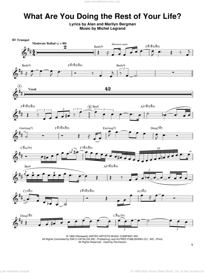 What Are You Doing The Rest Of Your Life? sheet music for trumpet solo (transcription) by Chris Botti, Marilyn Bergman and Michel LeGrand, intermediate trumpet (transcription)