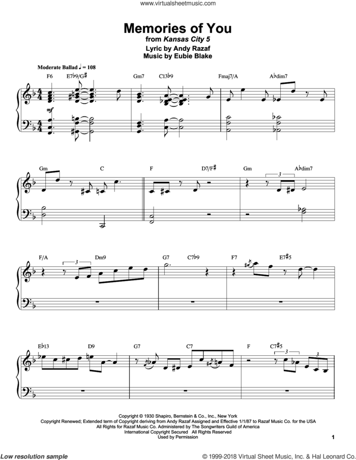 Memories Of You sheet music for piano solo (transcription) by Count Basie, Andy Razaf and Eubie Blake, intermediate piano (transcription)
