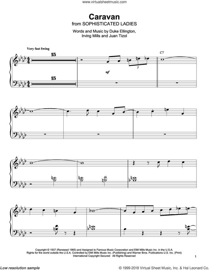 Caravan sheet music for piano solo (transcription) by Oscar Peterson, Duke Ellington, Irving Mills and Juan Tizol, intermediate piano (transcription)