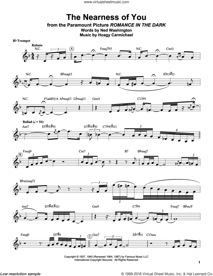 The Nearness Of You sheet music for trumpet solo (transcription) by Chris Botti, Hoagy Carmichael and Ned Washington, intermediate trumpet (transcription)
