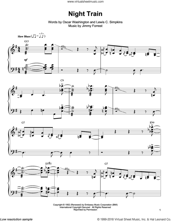 Night Train sheet music for piano solo (transcription) by Oscar Peterson, Jimmy Forrest, Lewis C. Simpkins and Oscar Washington, intermediate piano (transcription)