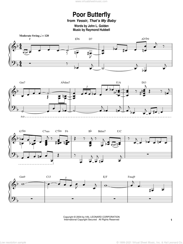 Poor Butterfly sheet music for piano solo (transcription) by Count Basie, John L. Golden and Raymond Hubbell, intermediate piano (transcription)