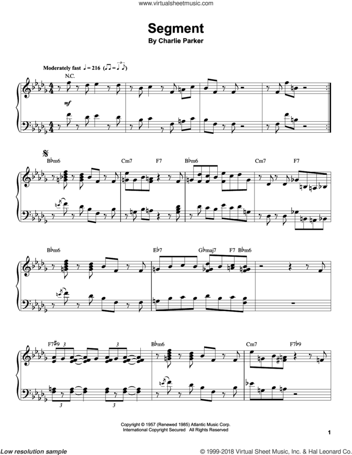 Segment sheet music for piano solo (transcription) by Charlie Parker, intermediate piano (transcription)