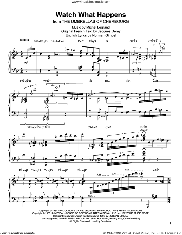 Watch What Happens sheet music for piano solo (transcription) by Oscar Peterson, Michel LeGrand and Norman Gimbel, intermediate piano (transcription)
