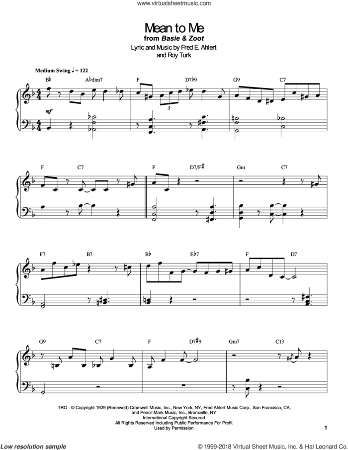 Mean To Me (from Love Me Or Leave Me) sheet music for piano solo (transcription) by Count Basie, Fred Ahlert and Roy Turk, intermediate piano (transcription)