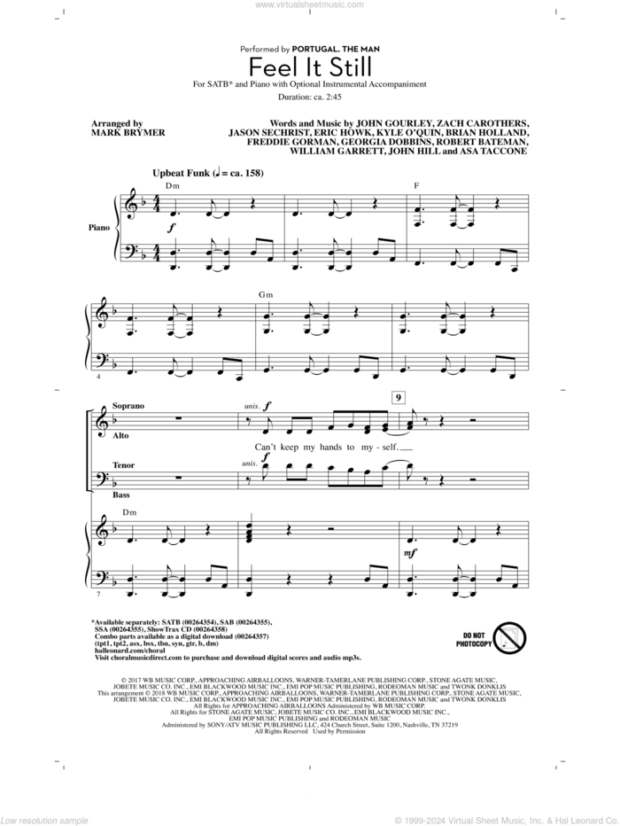 Feel It Still sheet music for choir (SATB: soprano, alto, tenor, bass) by Brian Holland, Mark Brymer, Portugal. The Man, Asa Taccone, Eric Andrew Howk, Freddie Gorman, Georgia Dobbins, Jason Wade Sechrist, John Baldwin Gourley and John Hill, intermediate skill level