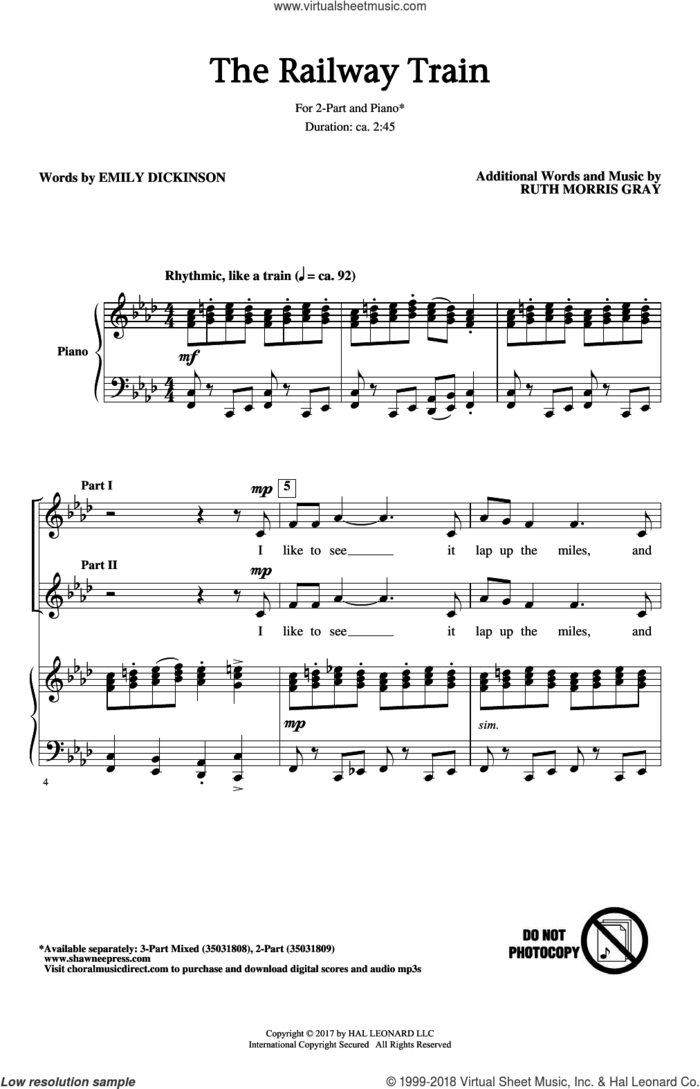 The Railway Train sheet music for choir (2-Part) by Emily Dickinson and Ruth Morris Gray, intermediate duet