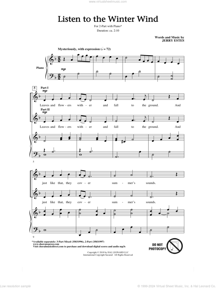 Listen To The Winter Wind sheet music for choir (2-Part) by Jerry Estes, intermediate duet