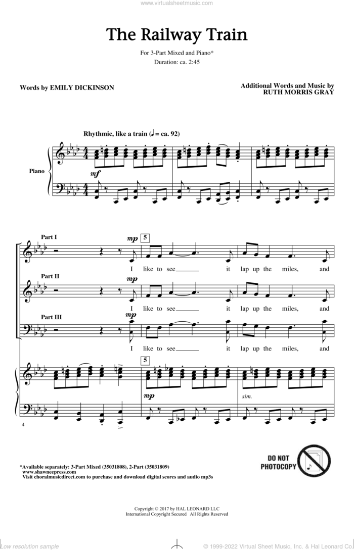 The Railway Train sheet music for choir (3-Part Mixed) by Ruth Morris Gray and Emily Dickenson, intermediate skill level