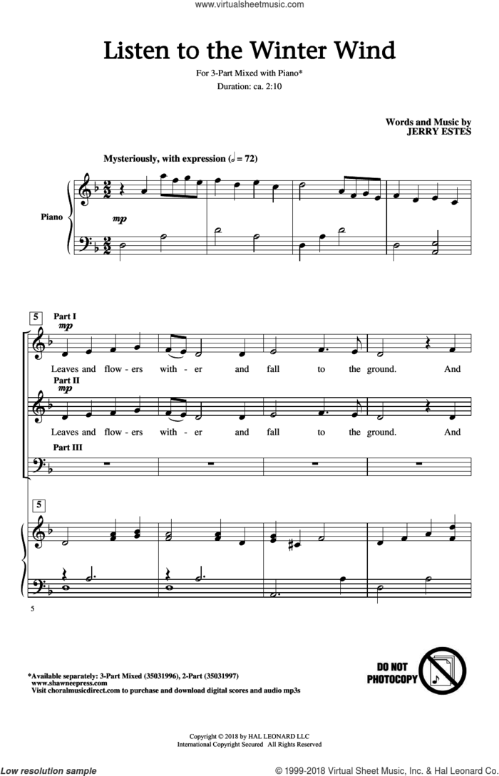 Listen To The Winter Wind sheet music for choir (3-Part Mixed) by Jerry Estes, intermediate skill level