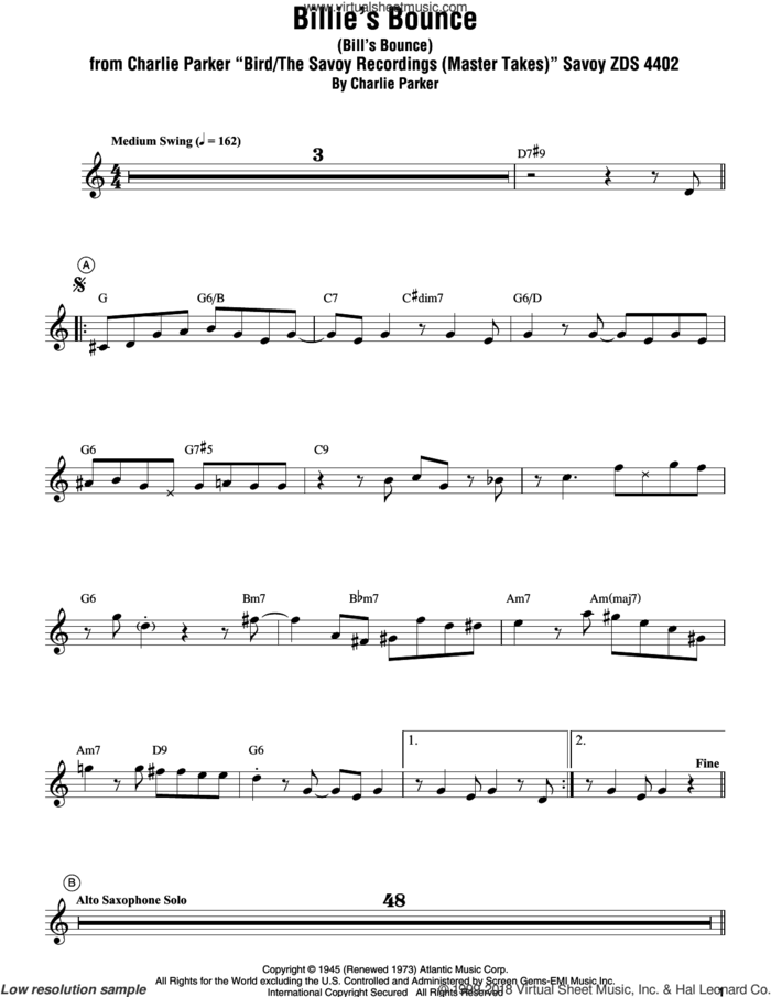 Billie's Bounce (Bill's Bounce) sheet music for trumpet solo (transcription) by Miles Davis and Charlie Parker, intermediate trumpet (transcription)