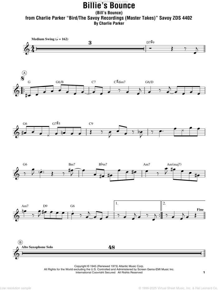 Billie's Bounce (Bill's Bounce) sheet music for trumpet solo (transcription) by Miles Davis and Charlie Parker, intermediate trumpet (transcription)