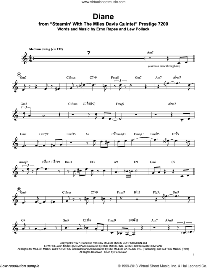Diane sheet music for trumpet solo (transcription) by Miles Davis, Erno Rapee and Lew Pollack, intermediate trumpet (transcription)