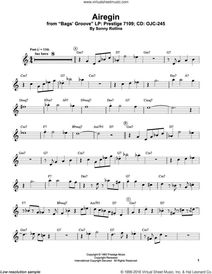 Airegin sheet music for trumpet solo (transcription) by Miles Davis and Sonny Rollins, intermediate trumpet (transcription)