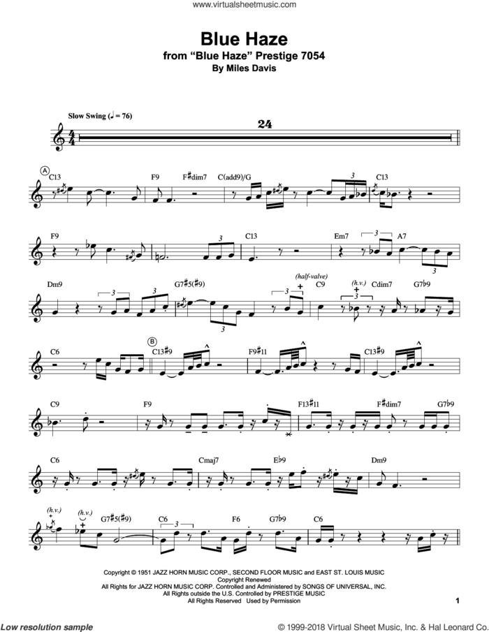 Blue Haze sheet music for trumpet solo (transcription) by Miles Davis, intermediate trumpet (transcription)