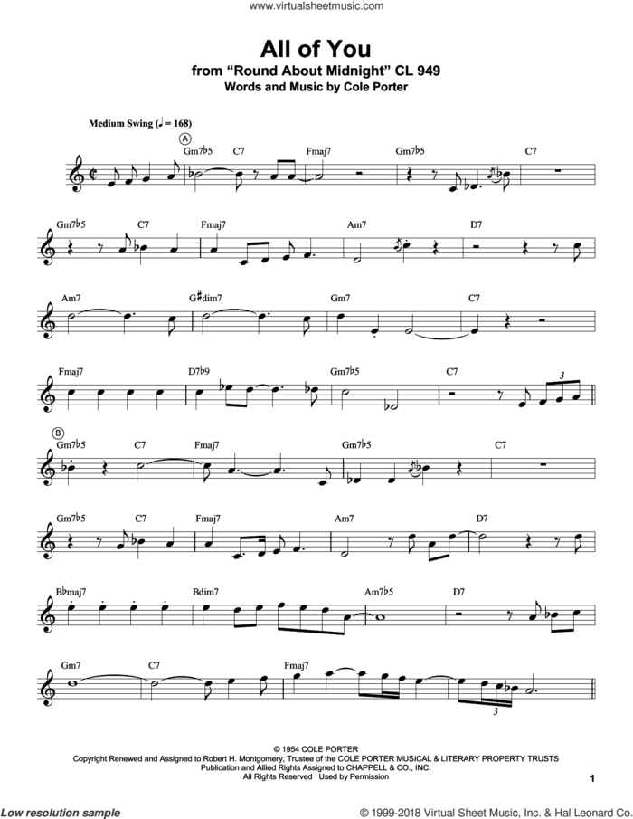 All Of You sheet music for trumpet solo (transcription) by Miles Davis and Cole Porter, intermediate trumpet (transcription)