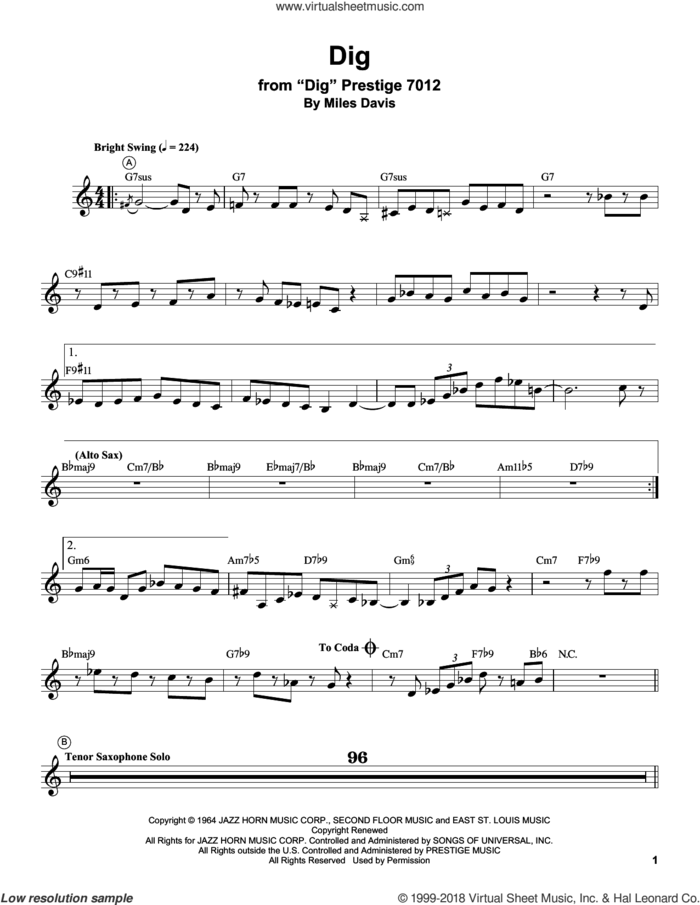 Dig sheet music for trumpet solo (transcription) by Miles Davis and Lew Tabackin, intermediate trumpet (transcription)