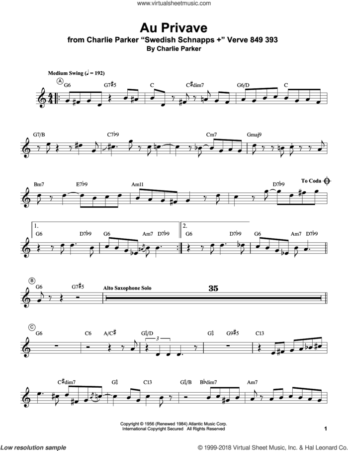 Au Privave sheet music for trumpet solo (transcription) by Miles Davis and Charlie Parker, intermediate trumpet (transcription)