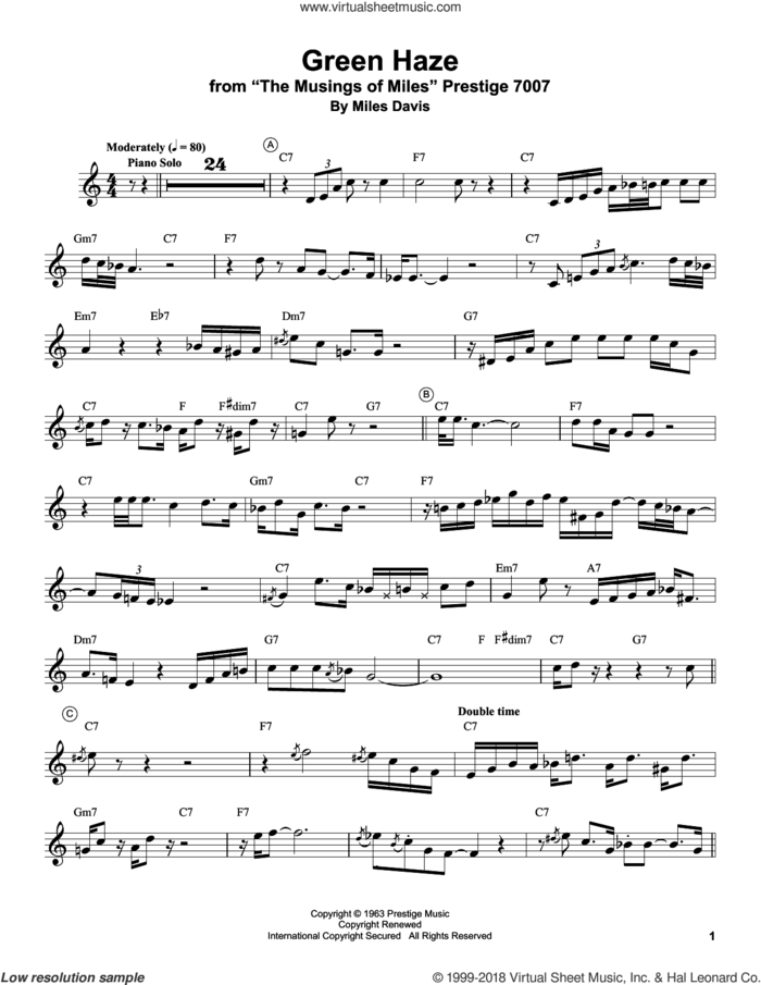 Green Haze sheet music for trumpet solo (transcription) by Miles Davis, intermediate trumpet (transcription)