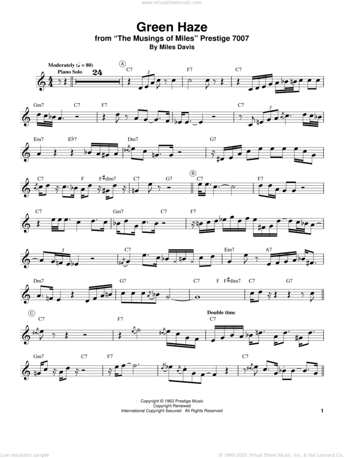 Green Haze sheet music for trumpet solo (transcription) by Miles Davis, intermediate trumpet (transcription)