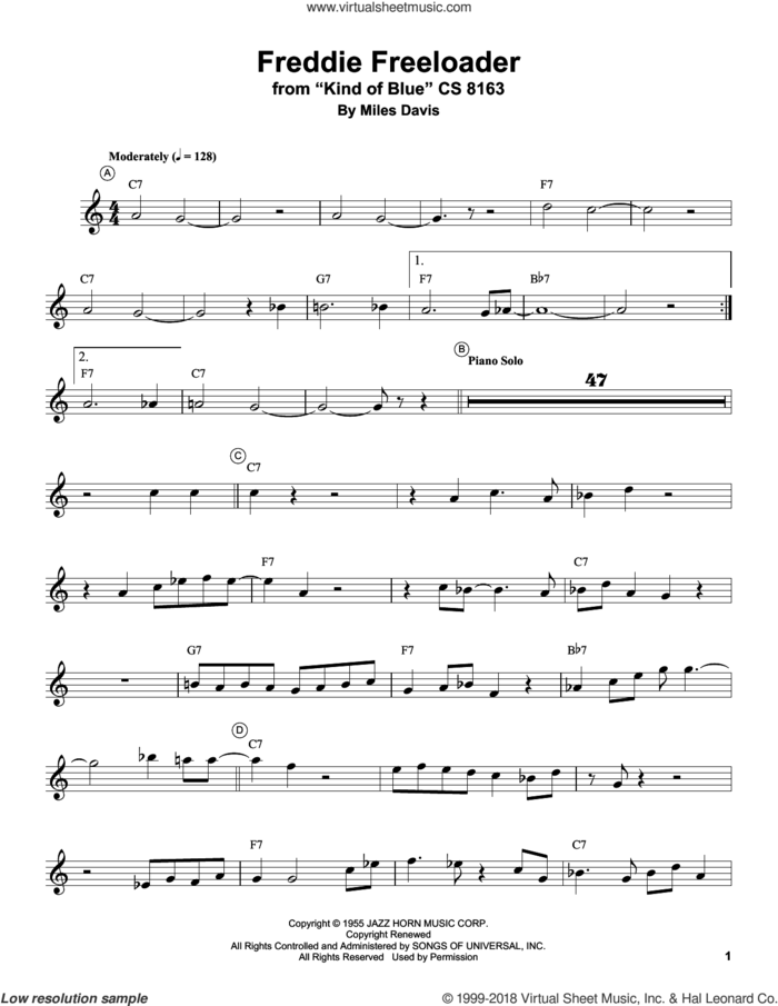 Freddie Freeloader sheet music for trumpet solo (transcription) by Miles Davis, intermediate trumpet (transcription)